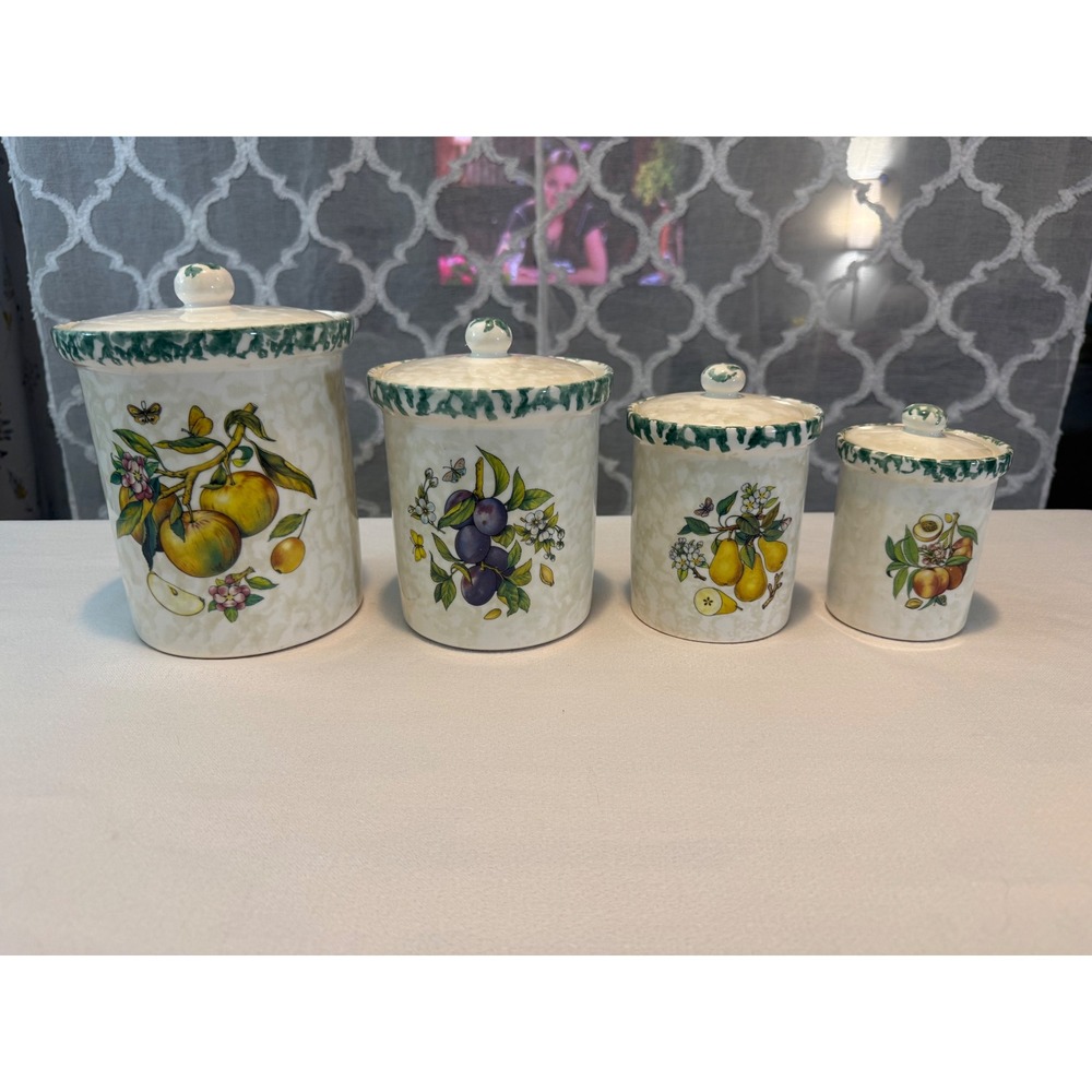 Vintage Himark Italy Ceramic Fruit Canister Set 4 Piece Green Trim Farmhouse